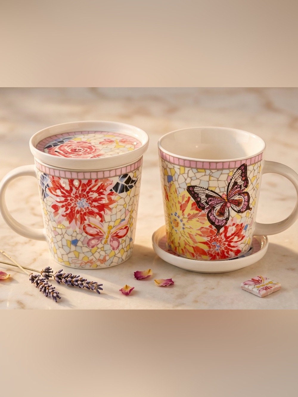 Dolly Parton Butterfly Floral Jeweled Mosaic Covered Lid Mug Set of Two 2 NIB